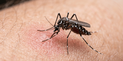 Mosquito perched on human skin, feeding and causing a raised red bump